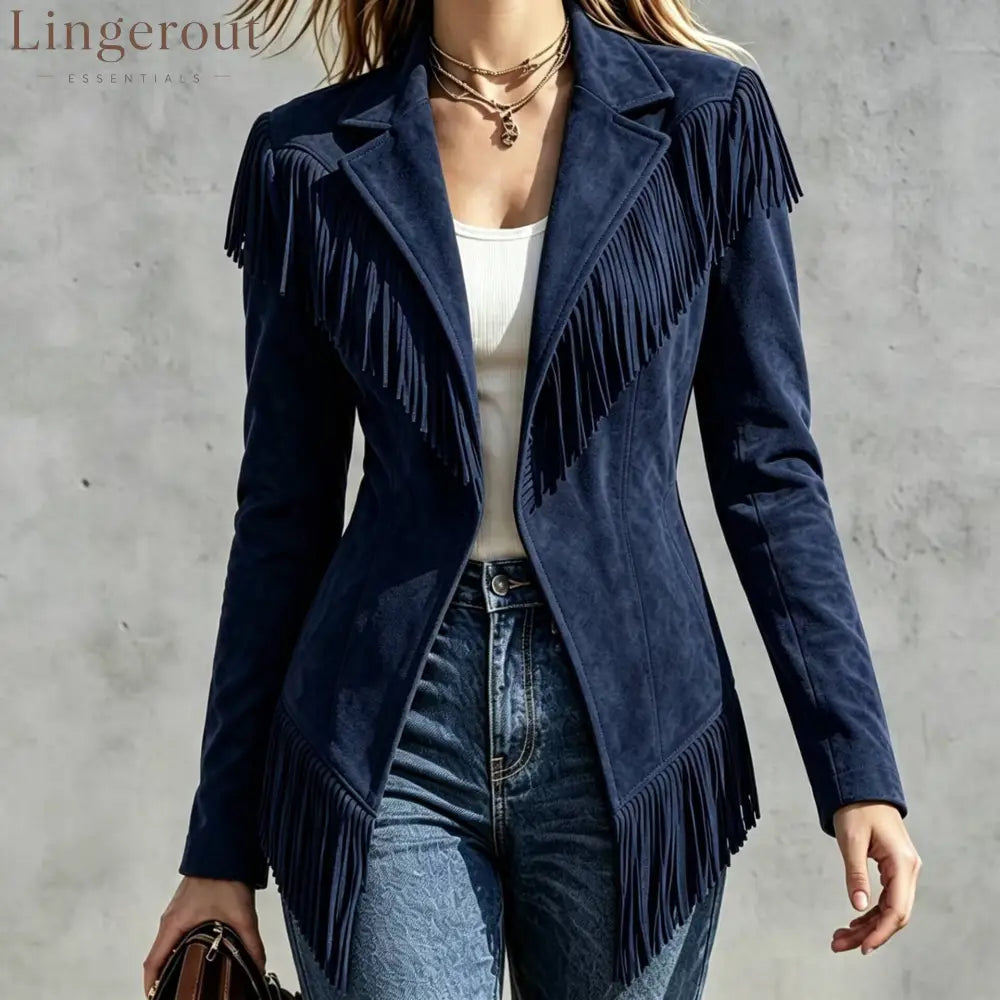 Faux Suede Fringe Jacket - Navy / S