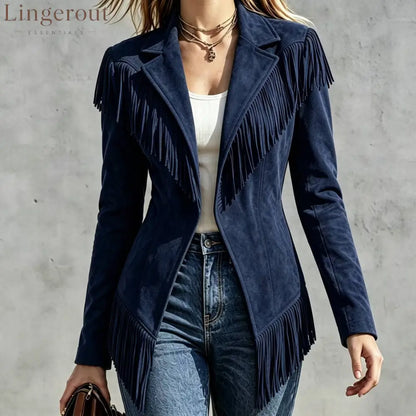 Faux Suede Fringe Jacket - Navy / S