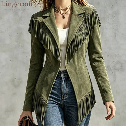 Faux Suede Fringe Jacket - Olive green / S