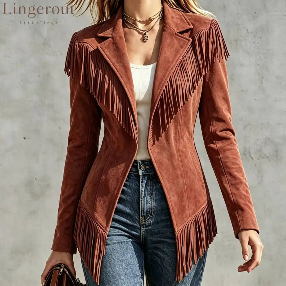 Faux Suede Fringe Jacket - Orange / S