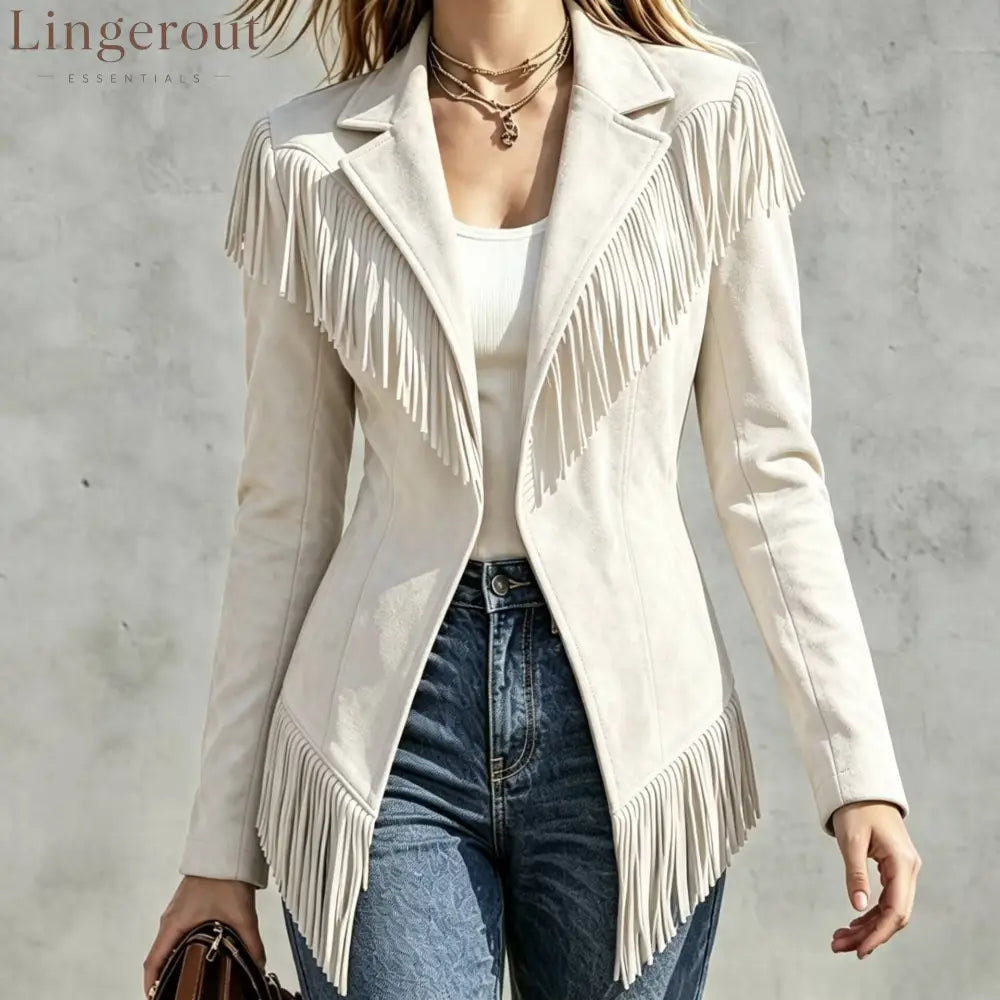 Faux Suede Fringe Jacket - White / S