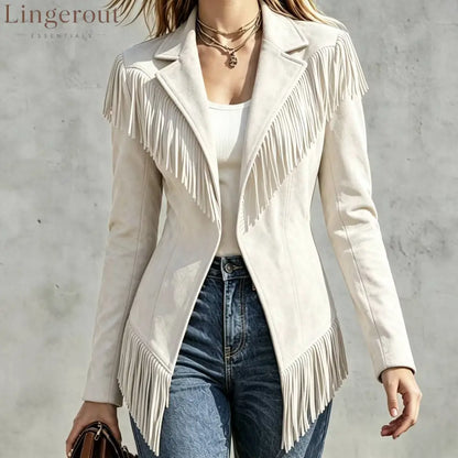 Faux Suede Fringe Jacket - White / S