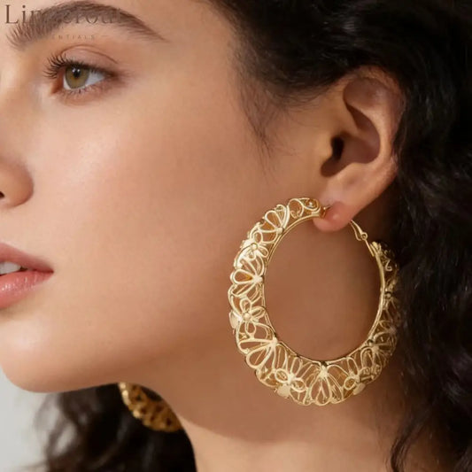 Filigree Floral Cutout Large Hoop Earrings 14K Gold Plated Vintage Hollow Hoop Earrings - Gold