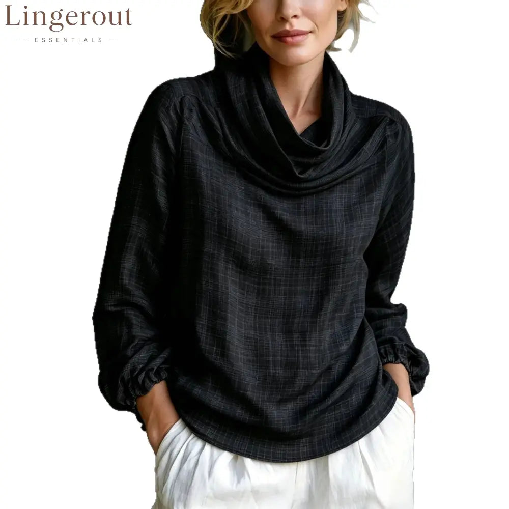 Fine Grid Cowl Neck Gathered Cuff Long Sleeve Linen Blouse