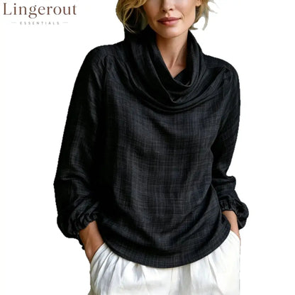 Fine Grid Cowl Neck Gathered Cuff Long Sleeve Linen Blouse