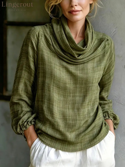 Fine Grid Cowl Neck Gathered Cuff Long Sleeve Linen Blouse - Army green / S