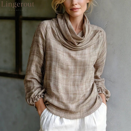Fine Grid Cowl Neck Gathered Cuff Long Sleeve Linen Blouse - Khaki / S