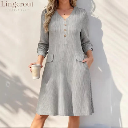 Fine‑Stripe V‑Neck Henley Midi Dress