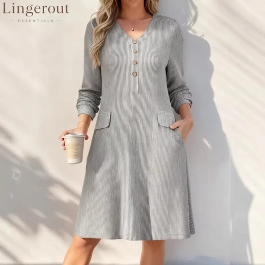 Fine‑Stripe V‑Neck Henley Midi Dress