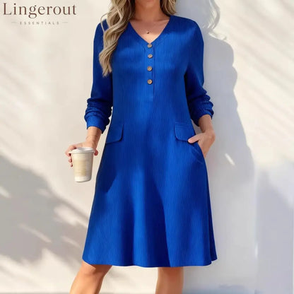 Fine‑Stripe V‑Neck Henley Midi Dress