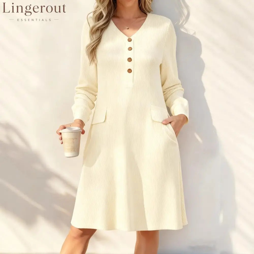 Fine‑Stripe V‑Neck Henley Midi Dress - Apricot / S