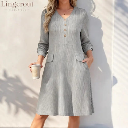 Fine‑Stripe V‑Neck Henley Midi Dress - Grey / S