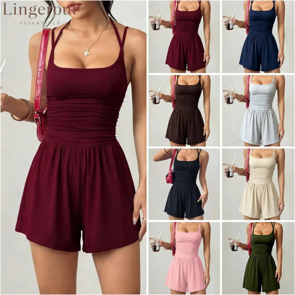 Flirla Women’s Casual Pleated Loose Straight Leg Jumpsuit
