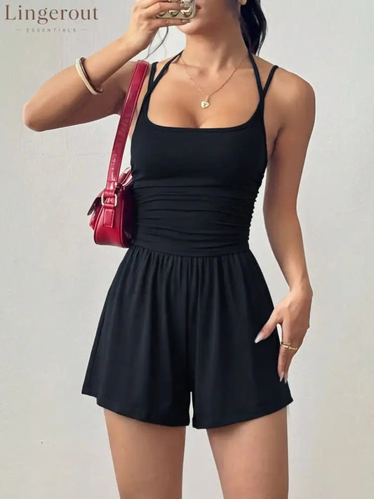 Flirla Women’s Casual Pleated Loose Straight Leg Jumpsuit - Black / XS