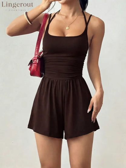 Flirla Women’s Casual Pleated Loose Straight Leg Jumpsuit - Brown / XS