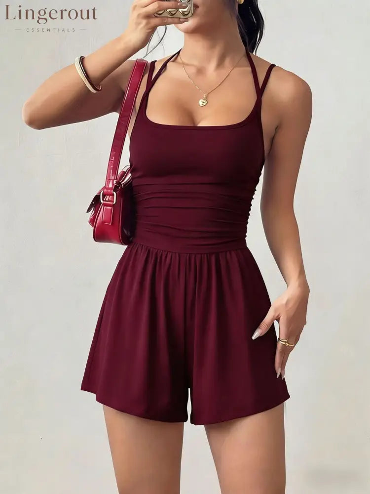 Flirla Women’s Casual Pleated Loose Straight Leg Jumpsuit - Burgundy / XS
