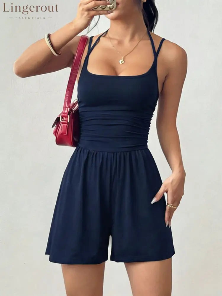 Flirla Women’s Casual Pleated Loose Straight Leg Jumpsuit - Dark blue / XS