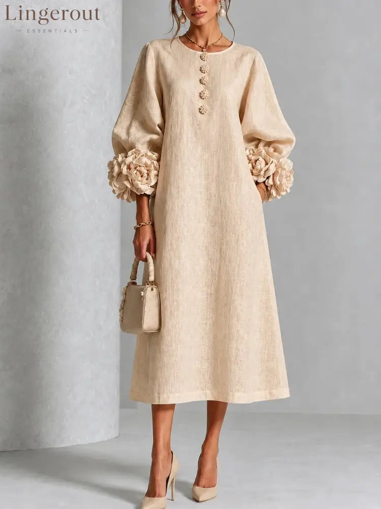 Floral Button-down Midi Dress With Striking Floral Cuffs - Beige / XS(2) - Midi Dresses