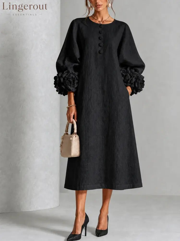 Floral Button-down Midi Dress With Striking Floral Cuffs - Black / XS(2) - Midi Dresses
