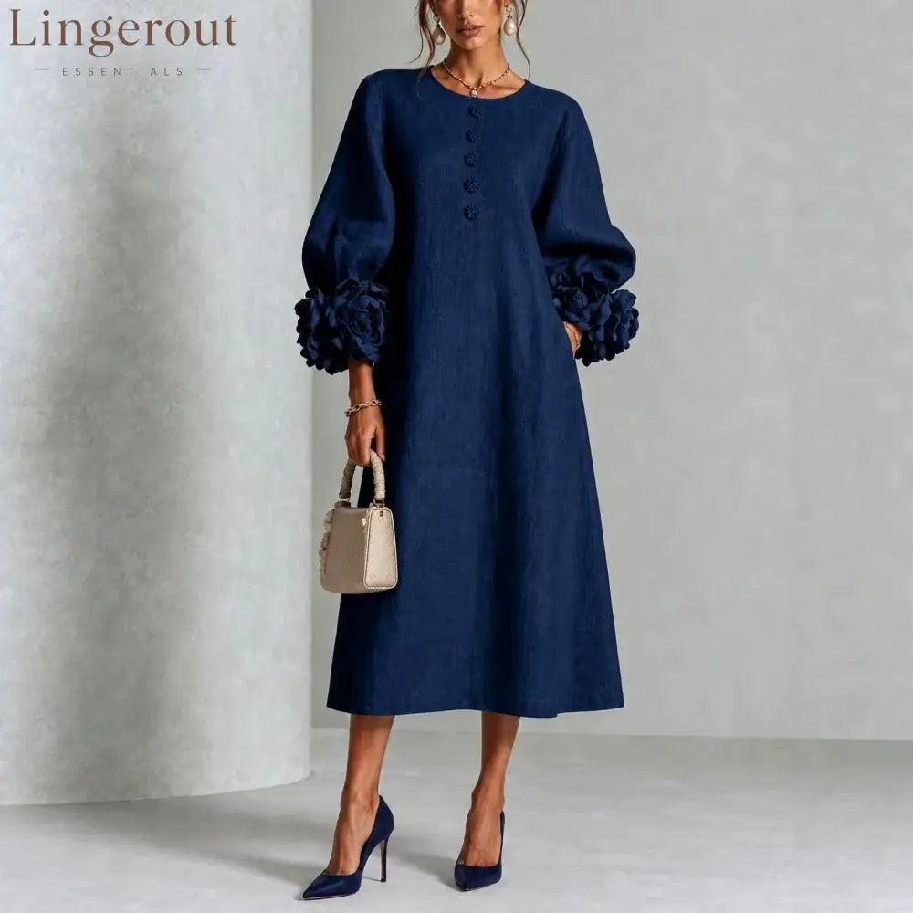 Floral Button-down Midi Dress With Striking Floral Cuffs - Blue / XS(2) - Midi Dresses