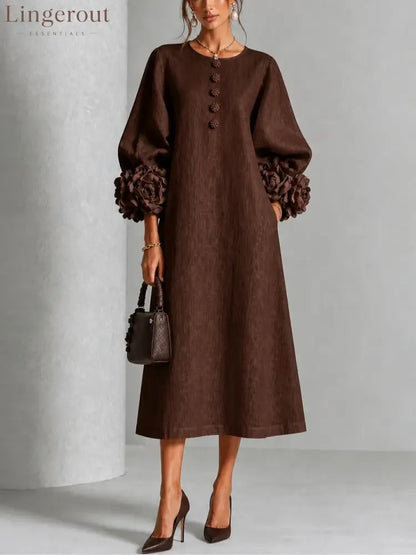 Floral Button-down Midi Dress With Striking Floral Cuffs - Brown / XS(2) - Midi Dresses