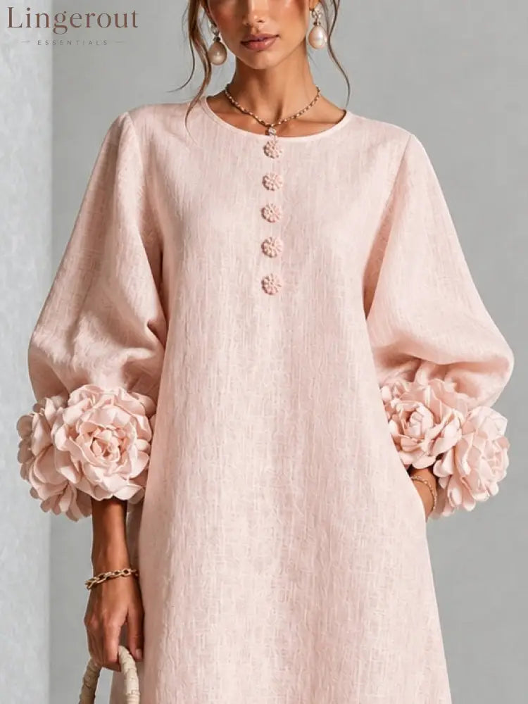 Pink Floral Button-down Midi Dress With Striking Floral Cuffs