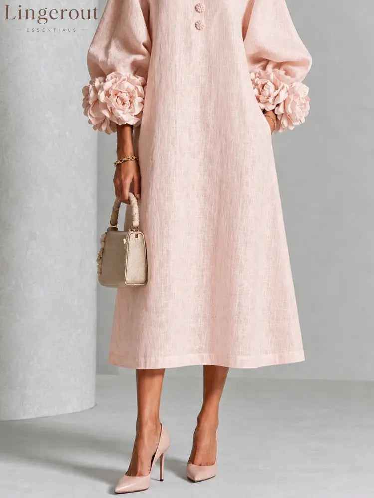 Pink Floral Button-down Midi Dress With Striking Floral Cuffs
