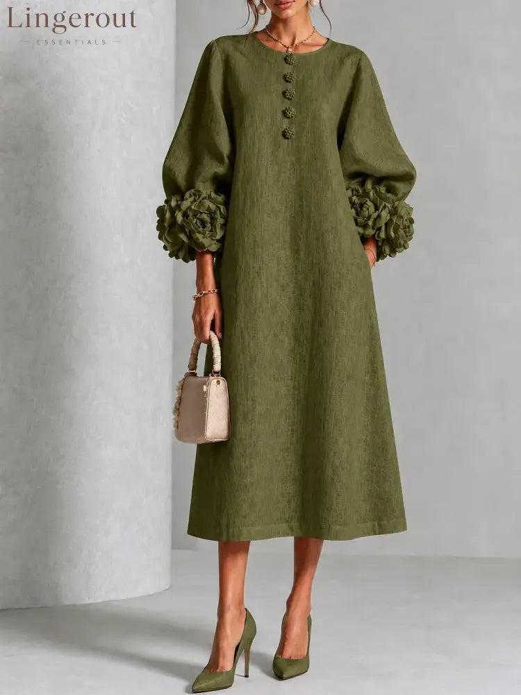 Floral Button-down Midi Dress With Striking Floral Cuffs - Olive / XS(2) - Midi Dresses