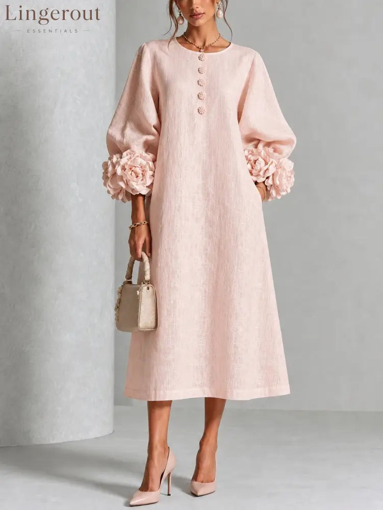 Pink Floral Button-down Midi Dress With Striking Floral Cuffs