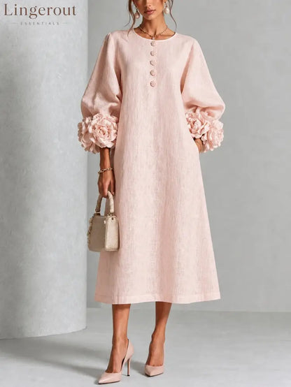 Pink Floral Button-down Midi Dress With Striking Floral Cuffs