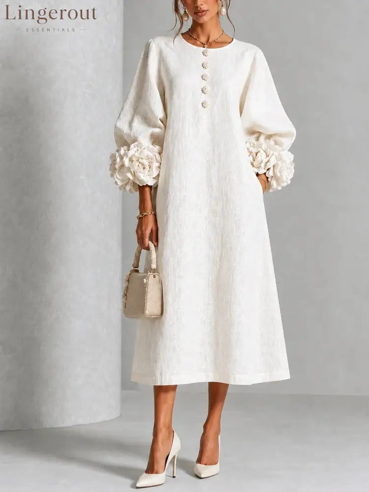 Floral Button-down Midi Dress With Striking Floral Cuffs - White / XS(2) - Midi Dresses