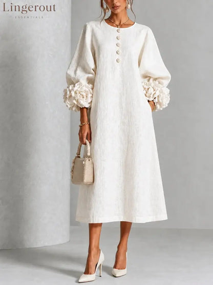 Floral Button-down Midi Dress With Striking Floral Cuffs - White / XS(2) - Midi Dresses