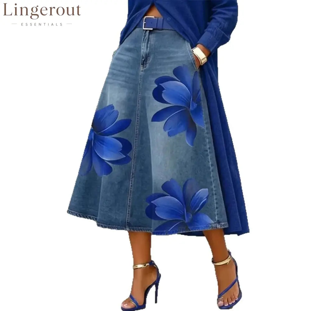 Floral Denim Midi Skirt