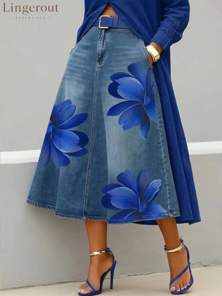 Floral Denim Midi Skirt - Blue flowers / S