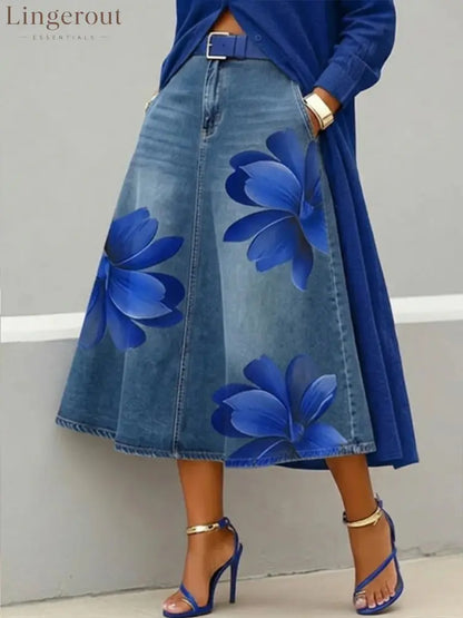 Floral Denim Midi Skirt - Blue flowers / S