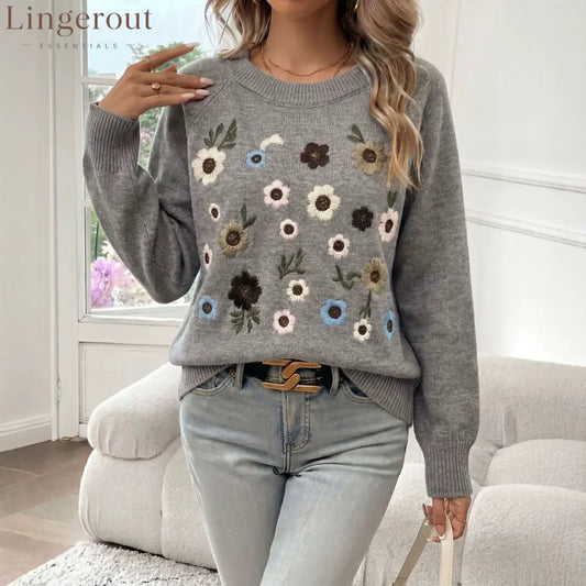 Cross-Border Independent Station Heavy Industry Flower Embroidered Sweater Women’S Pullover 2026 Autumn And Winter New