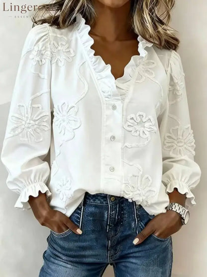 Floral Embroidered Ruffle Blouse - White / S