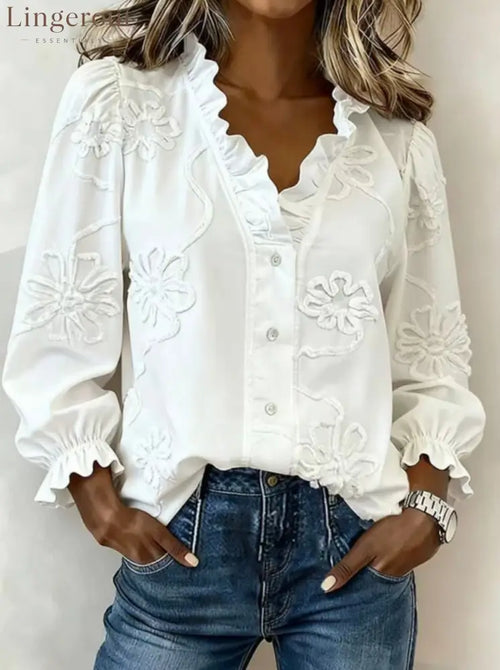 Floral Embroidered Ruffle Blouse - White / S
