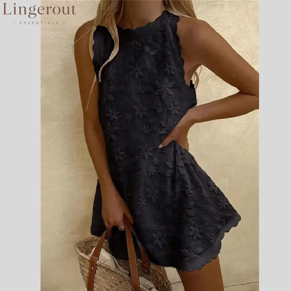 Floral Embroidered Scalloped Sleeveless Romper - Black / S