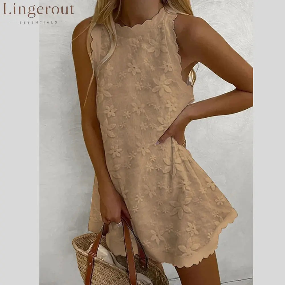 Floral Embroidered Scalloped Sleeveless Romper - Khaki / S