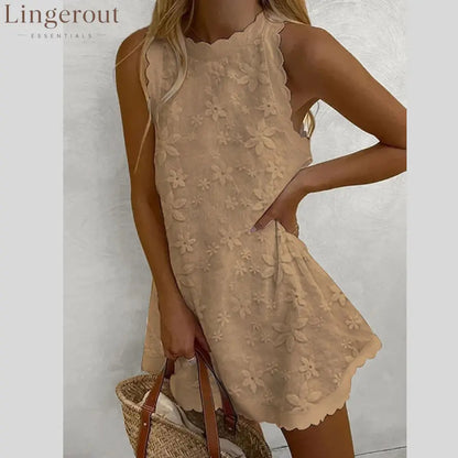 Floral Embroidered Scalloped Sleeveless Romper - Khaki / S
