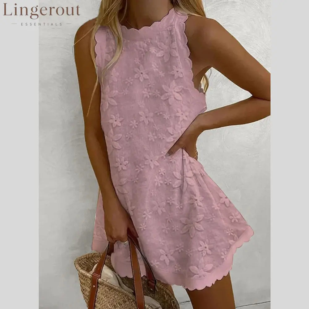 Floral Embroidered Scalloped Sleeveless Romper - Pink / S