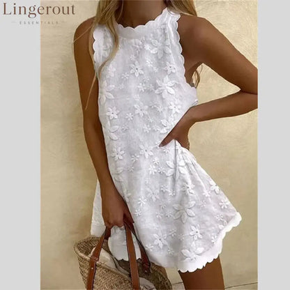 Floral Embroidered Scalloped Sleeveless Romper - White / S