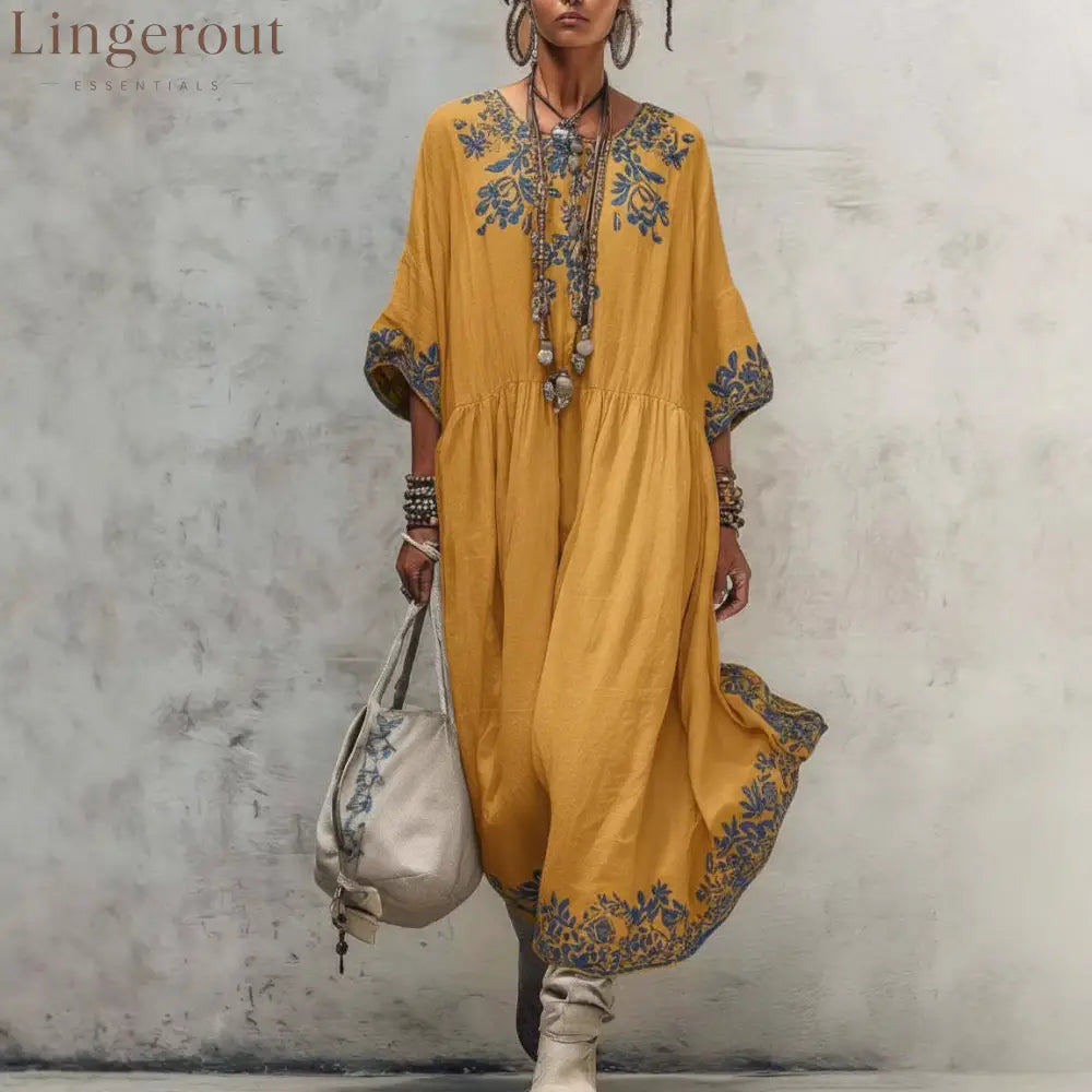 Floral Embroidery Gathered Waist Three Quarter Sleeve Kaftan Maxi Dress