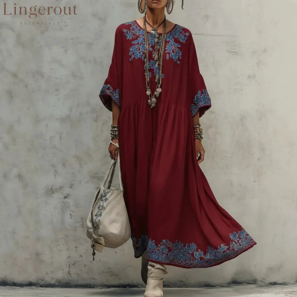 Floral Embroidery Gathered Waist Three Quarter Sleeve Kaftan Maxi Dress