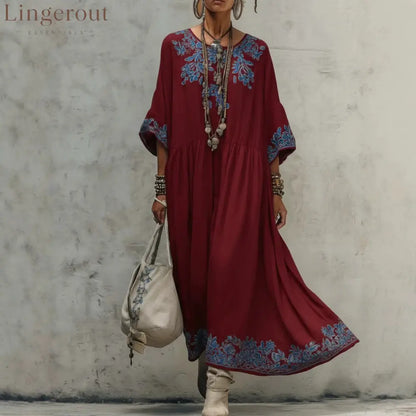 Floral Embroidery Gathered Waist Three Quarter Sleeve Kaftan Maxi Dress