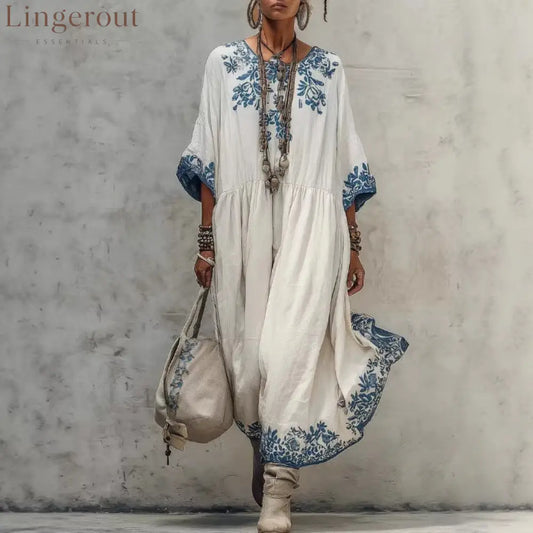 Floral Embroidery Gathered Waist Three Quarter Sleeve Kaftan Maxi Dress