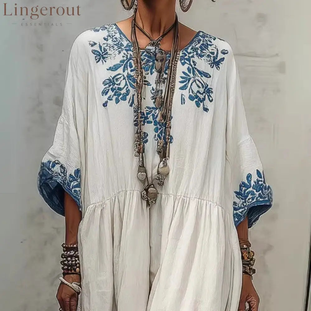 Floral Embroidery Gathered Waist Three Quarter Sleeve Kaftan Maxi Dress