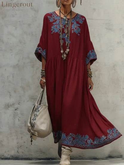 Floral Embroidery Gathered Waist Three Quarter Sleeve Kaftan Maxi Dress - Deep red / S