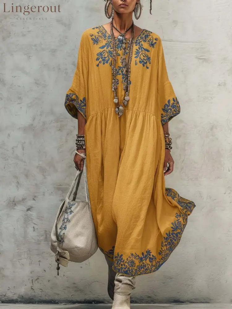 Floral Embroidery Gathered Waist Three Quarter Sleeve Kaftan Maxi Dress - Orange red / S